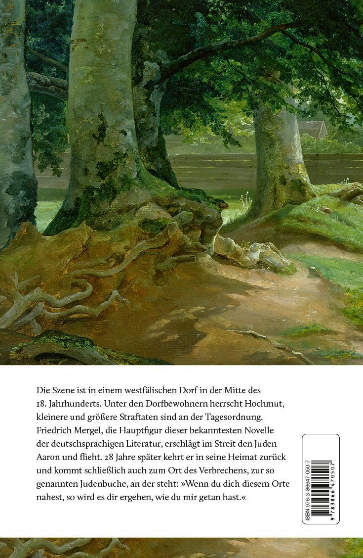 Das Bild zeigt das Buch ‚Judenbuche‘ von Droste-Hülshoff mit einem Cover, das eine ländliche Szenerie mit Bäumen und einem am Boden liegenden Baumstamm darstellt.