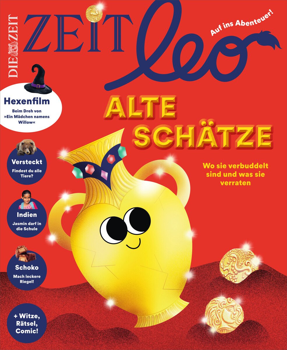Cover der Kinderzeitschrift ZEIT LEO 2/25 mit dem Thema 'Alte Schätze'. Eine bunte Illustration eines gelben Kruges mit Augen und verschiedenen roten Elementen auf einem roten Hintergrund. Der Titel ist in großer, gelber Schrift dargestellt.