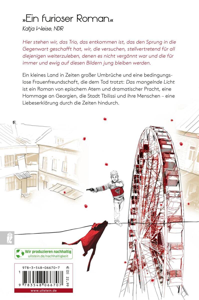 Rückseite des Buches 'Das mangelnde Licht' von Nino Haratischwili. Eine Illustration zeigt eine rot-weiße, stilisierte Szene mit einem Riesenrad, Häusern im Hintergrund und einer Frau in einem roten Kleid, die nach oben schaut.
