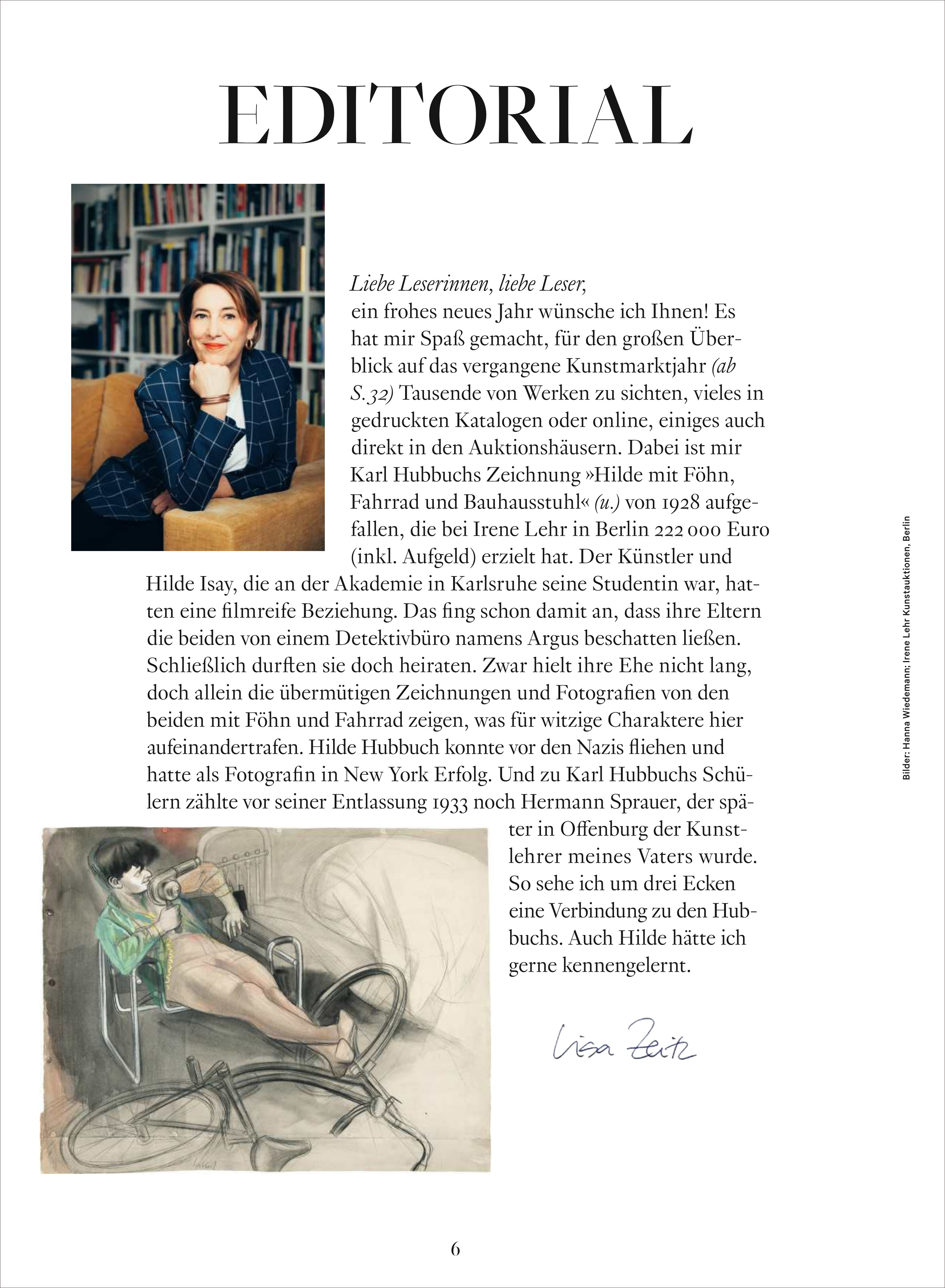 Eine Magazinseite mit dem Titel 'EDITORIAL', oben links ein Porträtfoto einer Frau vor Bücherregalen, rechts Text in Schwarz und unten eine farbige Zeichnung einer Frau auf einem Fahrrad liegend. Am unteren Rand befindet sich eine eingescannte Unterschrift. Das Design ist klar und elegant, mit dezenten Farben und künstlerischen Elementen.