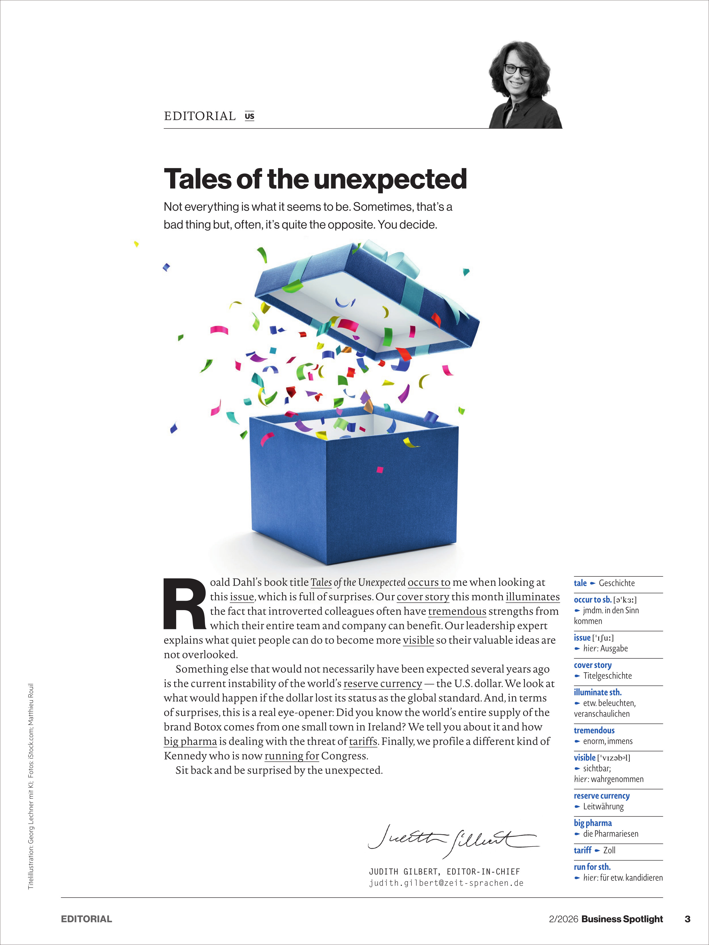 Ein Magazinartikel mit dem Titel "Tales of the unexpected" zeigt oben rechts ein Porträtbild einer Frau. Zentral ist eine Illustration eines offenen blauen Geschenkkartons, aus dem bunte Konfetti sprühen. Im Textbereich darunter beginnt ein Editorial, die Seite wirkt modern und klar strukturiert.