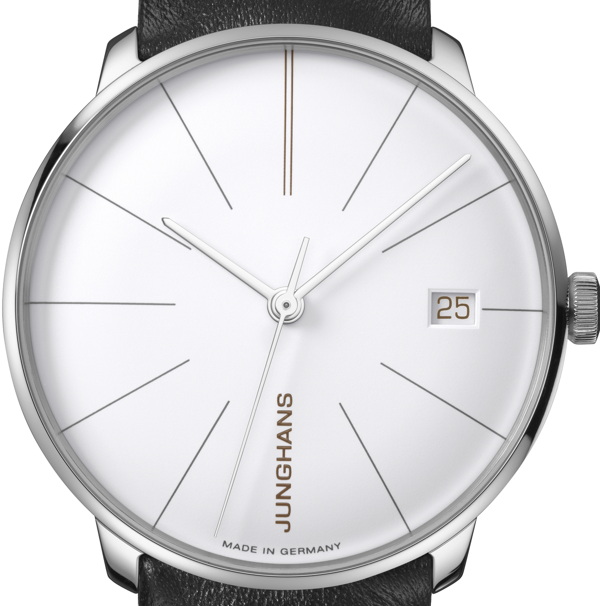 ZEIT-Sonderedition »Meister fein Kleine Automatic« von Junghans. Armbanduhr mit schwarzem Lederarmband, weißem Zifferblatt und silbernem Edelstahlgehäuse. Made in Germany.