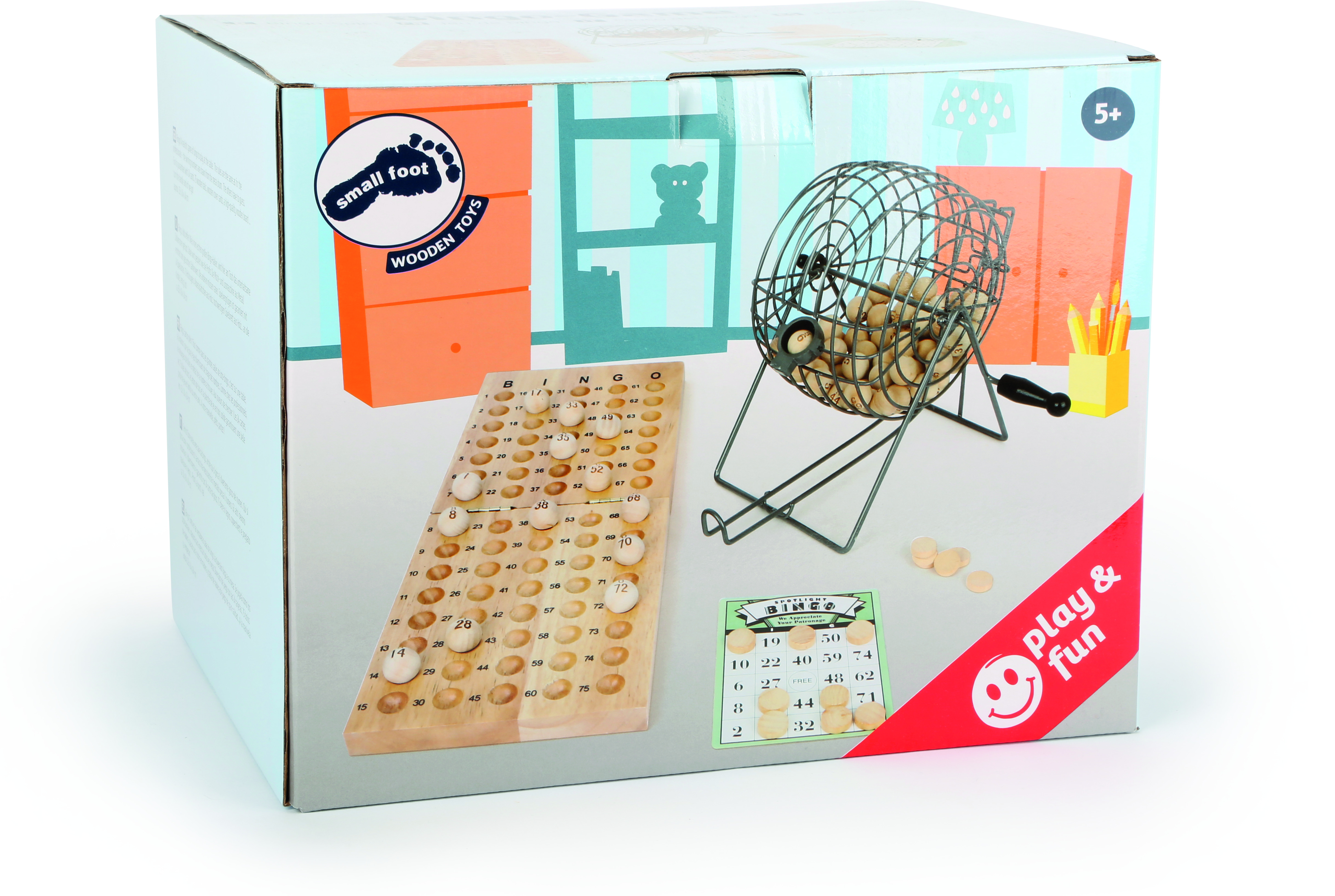 Bingo-Spiel aus Holz in einer Spielverpackung, bestehend aus einem Zahlenspinnrad und einer numerischen Spieltafel. Ab 5 Jahren geeignet, Holz-Spielzeug.
