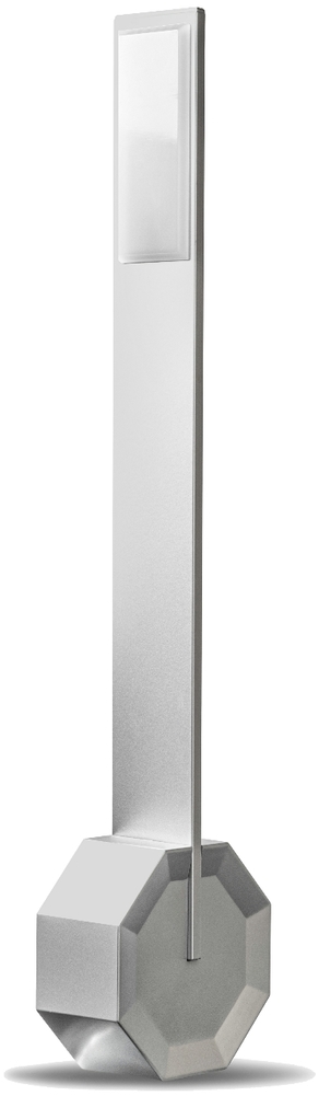 Die Octagon Tischlampe »One« zeigt eine minimalistische LED-Lampe mit einem achteckigen Sockel. Sie ist in Silbertönen gehalten und hat ein schlankes, modernes Design, das ideal für Schreibtische oder Wohnräume ist.