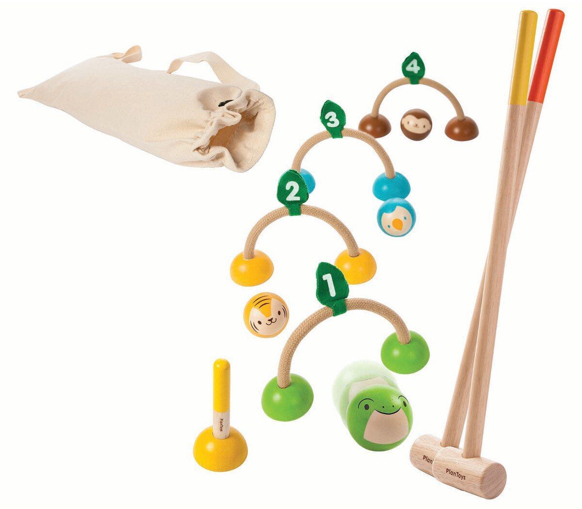 Ein farbenfrohes Krocket-Set für Kinder, bestehend aus Holzschlägern, bunten Torelementen in Form von Tieren und einer Aufbewahrungstasche.