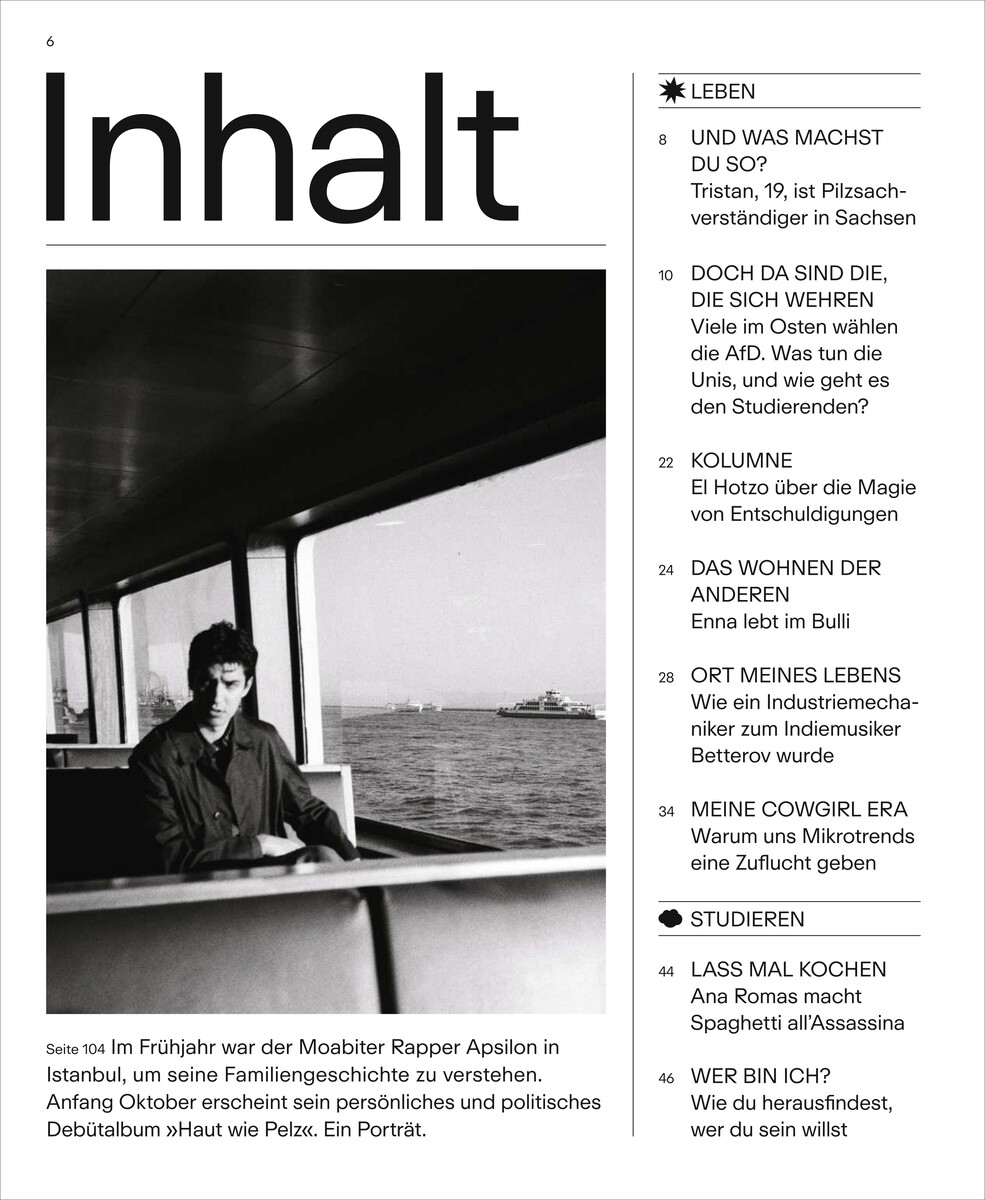 Titelseite des ZEIT CAMPUS Magazins 5/24 mit einer Inhaltsangabe und einem Schwarz-Weiß-Foto eines Mannes, der auf einer Fähre sitzt.