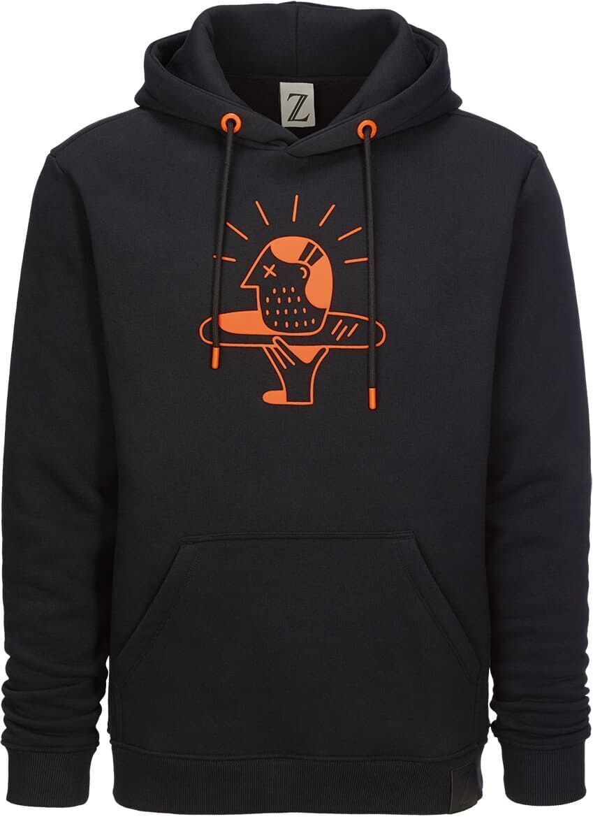 Schwarzer Hoodie der ZEIT-Kollektion »Verbrechen«, mit oranger Grafik auf der Vorderseite, Langarm und Kapuze.