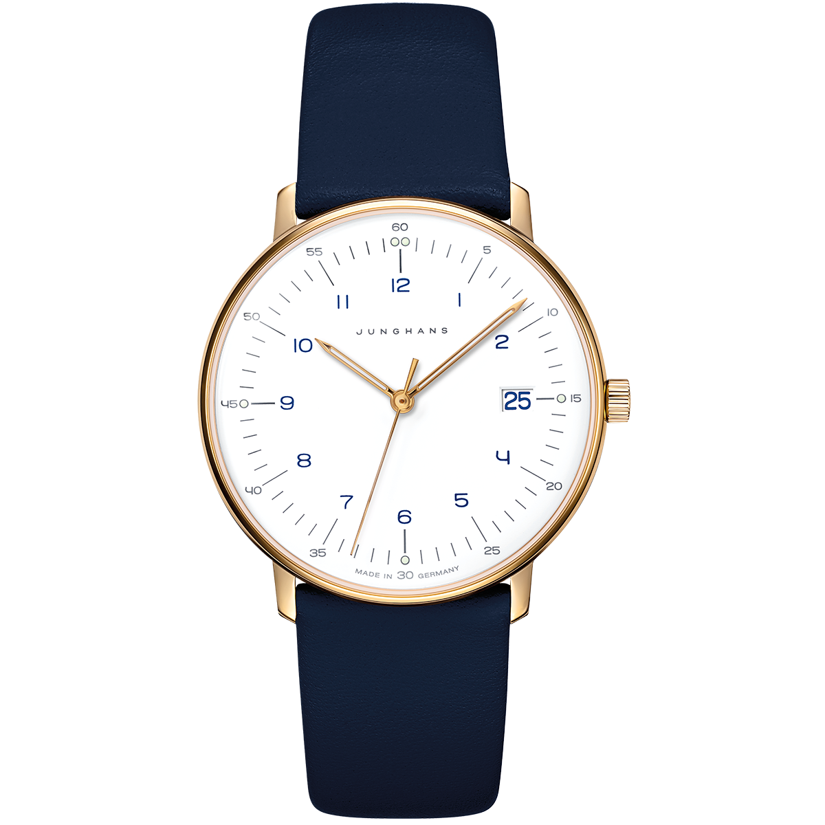 Elegante Damenarmbanduhr der Marke Junghans, Sonderedition für DIE ZEIT. Das flache Edelstahlgehäuse mit goldfarbener PVD-Beschichtung und weißem Zifferblatt zeigt filigrane, blaue Zahlen und Zeiger. Das schlichte, glatte Lederarmband ist tiefblau, die Uhr wirkt minimalistisch und luxuriös.