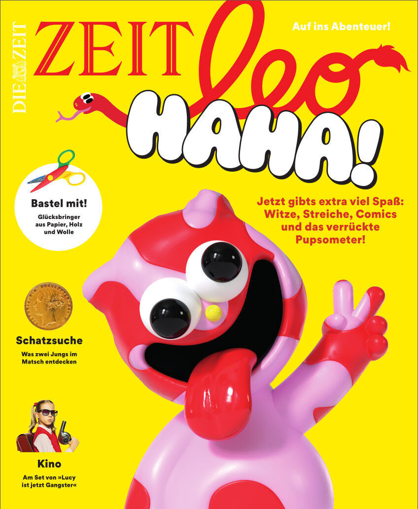 Ein Cover des Magazins ZEIT LEO 2/23 HAHA! enthält eine bunte Kinderspielfigur, Titel in großen Buchstaben, und Hinweise zu verschiedenen Inhalten wie Witze, Streiche, Comics und Bastelsets. Das Design ist hauptsächlich in Gelb, Rot, Weiß und Schwarz.