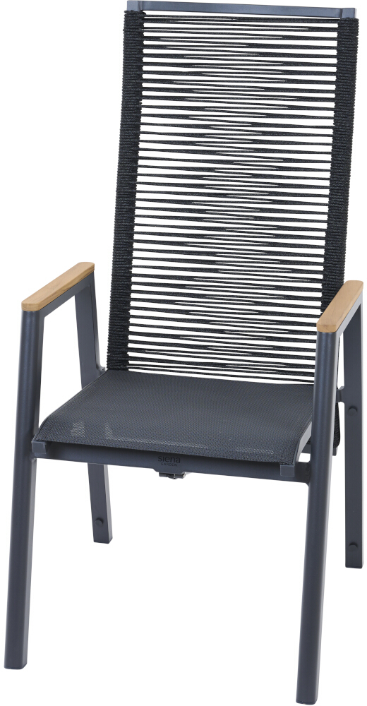 Ein moderner Sessel namens »Bologna Dining Move« mit einem schwarzen, in Rattan-Optik gehaltenen Design. Der Rahmen besteht aus grauem Aluminium mit holzfarbenen Armlehnen. Geeignet für draußen, wie Garten oder Terrasse, bietet er Stil und Komfort.