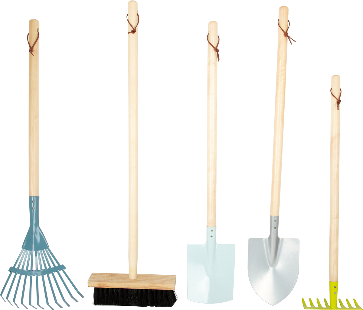Ein großes Gartenwerkzeug-Set bestehend aus fünf Werkzeugen, darunter ein blauer Rechen, ein Besen mit schwarzem Borsten und Holzgriff, eine hellblaue Schaufel, eine silberne Schaufel und ein gelber Rechen. Alle Werkzeuge haben lange Holzgriffe. Ideal für Gartenarbeit und Outdoor-Aktivitäten.