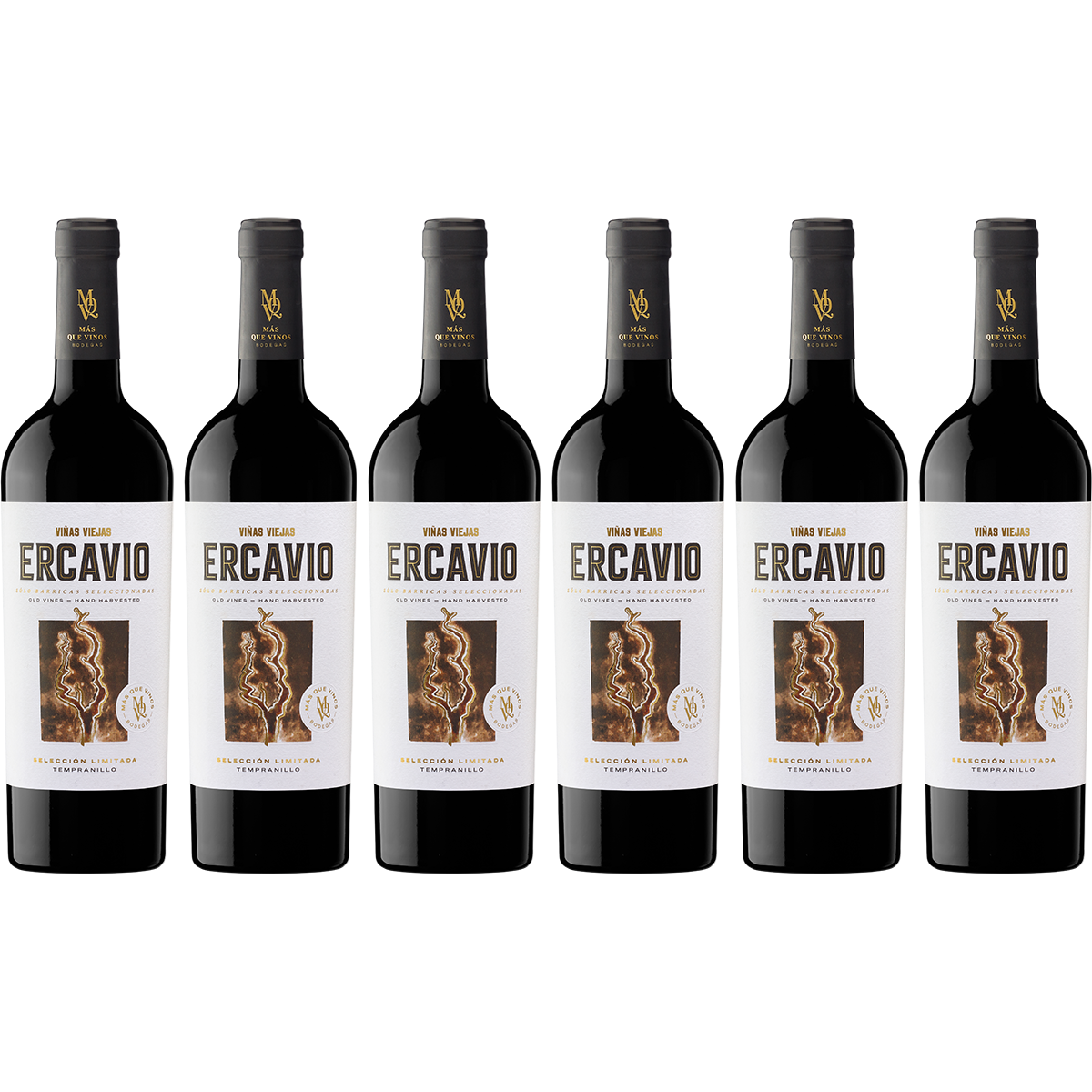 Sechs Flaschen Tempranillo Limitada Ercavio Mas Que Vinos Rotwein im 6er Paket, aufrecht stehend vor weißem Hintergrund. Die Flaschenetiketten sind weiß mit goldenen und schwarzen Details.
