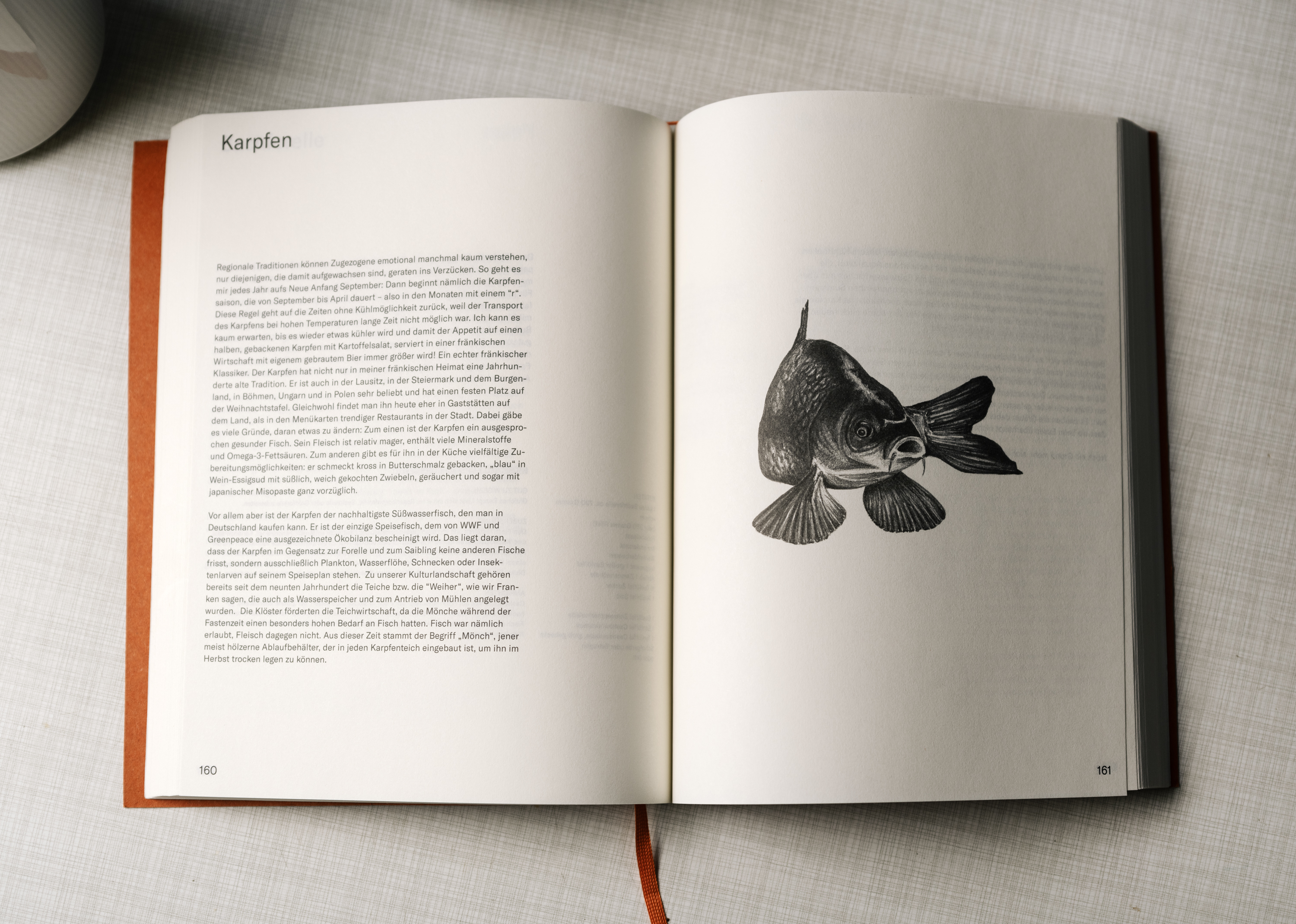 Offenes Kochbuch auf einem hellen Tisch, links eine Textseite mit einem Rezept über Karpfen, rechts eine detaillierte schwarz-weiße Fischzeichnung. Ein orangefarbenes Leseband ist sichtbar.