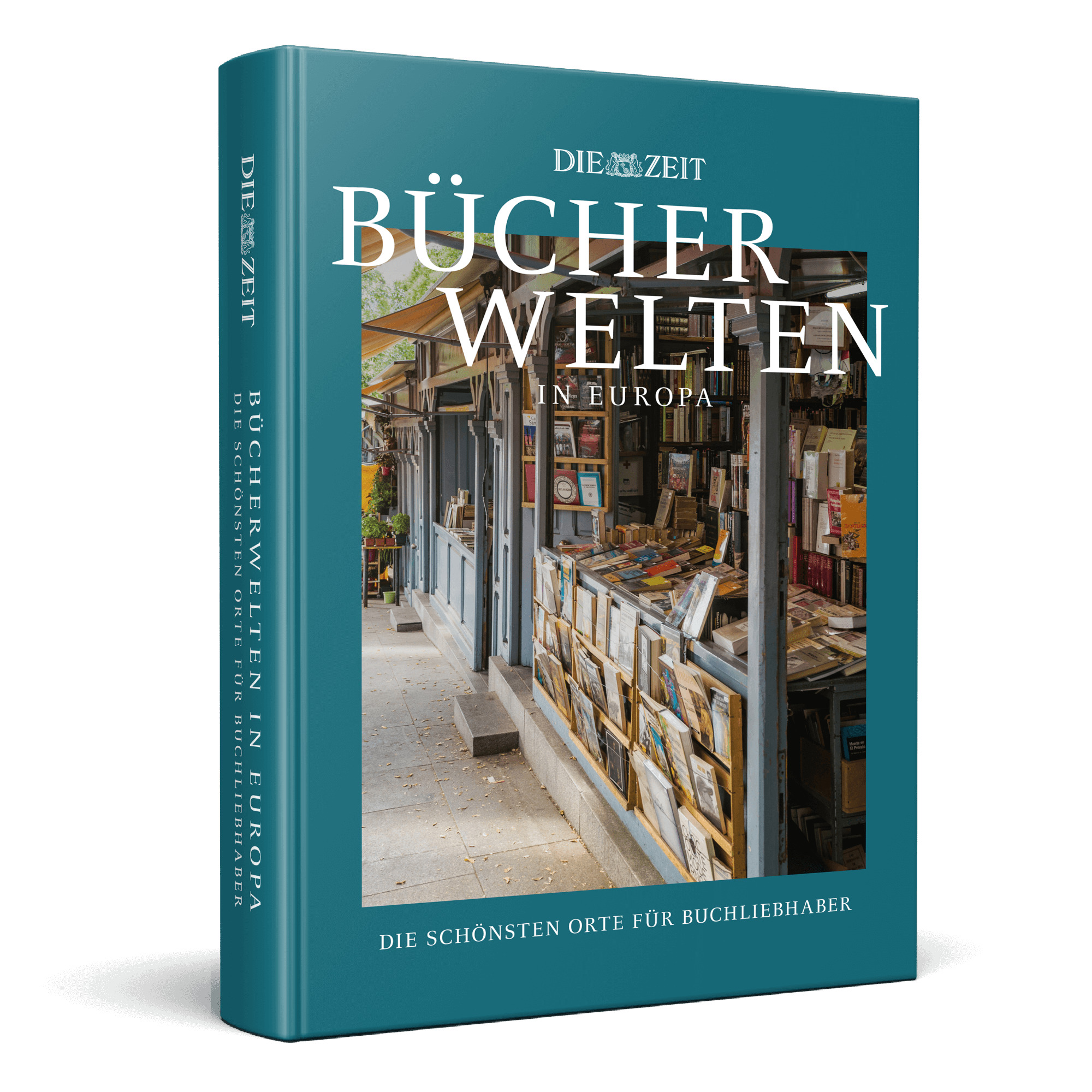 Ein Bildband mit dem Titel »Bücherwelten in Europa« von DIE ZEIT, das eine europäische Buchhandlung mit Regalen und Büchern auf dem Cover zeigt. Der Einband ist in Blau gehalten.