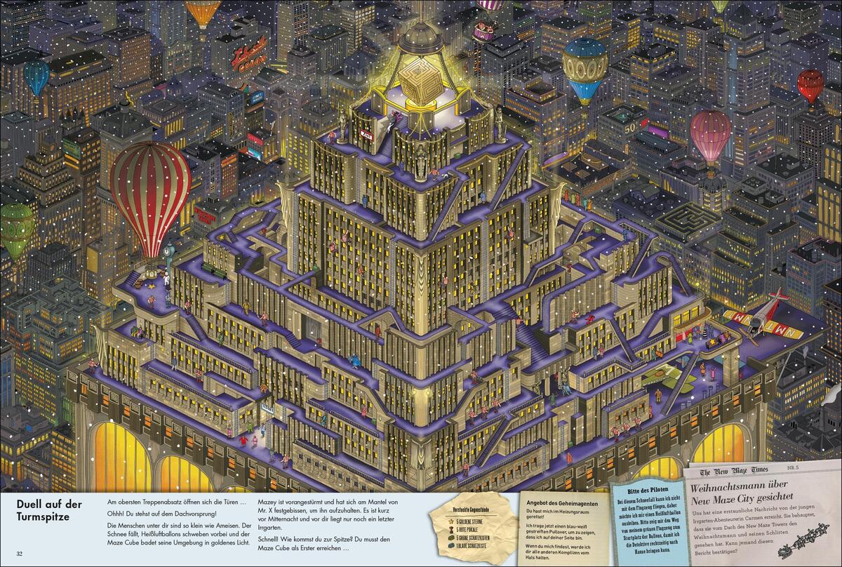 Ein detailreiches, illustriertes Bild zeigt Pierre, den Irrgarten-Detektiv, an einem großen, labyrinthartigen Gebäude in einer belebten Stadt bei Nacht. Das Gebäude ist beleuchtet und von vielen Heißluftballons umgeben. Textblöcke mit Informationen sind an den unteren Rand des Bildes eingefügt.
