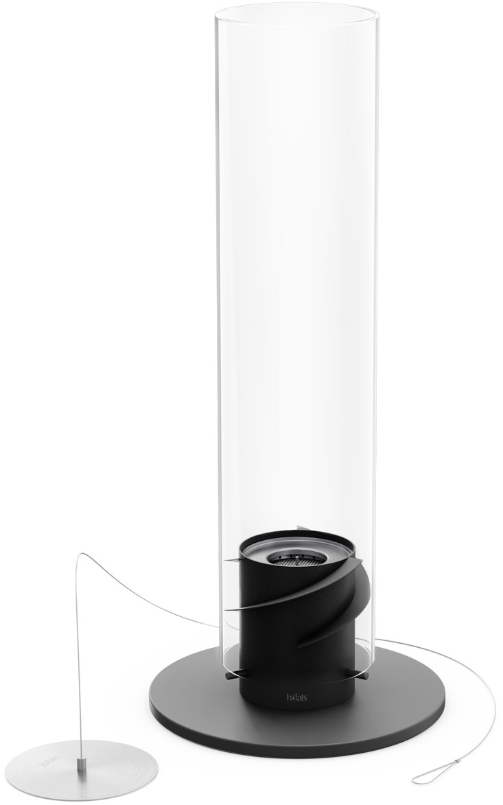 Das Bild zeigt ein modernes Tischfeuer-Modell namens SPIN 900. Der Hauptkörper des Tischfeuers besteht aus einem hohen, transparenten Glaszylinder, der auf einer robusten schwarzen Basis steht. Eine kleine Metallplatte mit einem Docht ergänzt das Design und sorgt für eine elegante Optik.