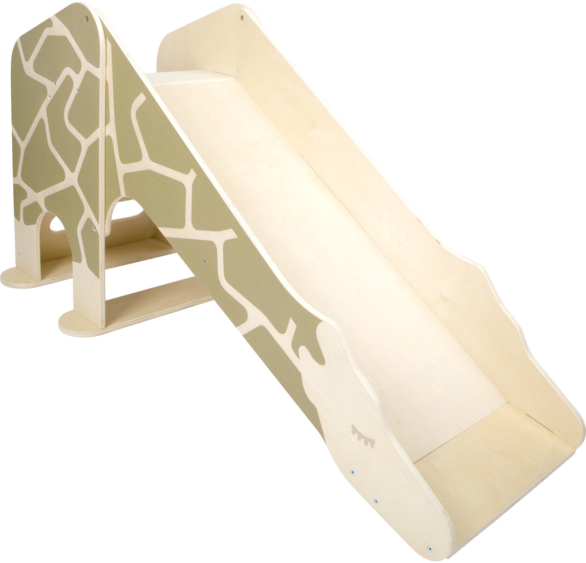 Ein Indoor-Spielgerät in Form einer Rutsche mit einem Giraffenmotiv in Beige und Grün, geeignet für Kindergärten und Kinderzimmer.