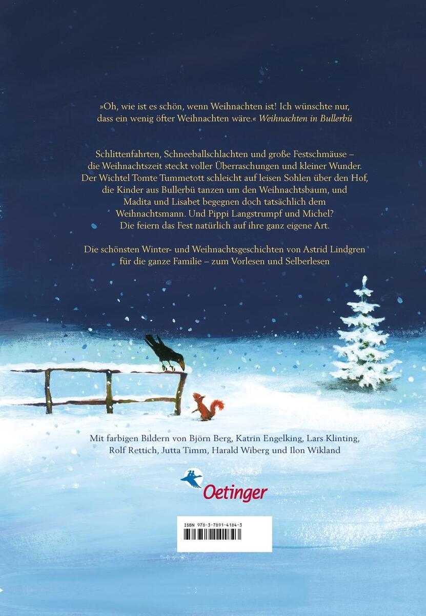 Das Buchcover von 'Weihnachten mit Astrid Lindgren' zeigt eine winterliche Landschaft mit einem verschneiten Baum und einem Zaun im Vordergrund. Ein rotes Eichhörnchen sitzt auf dem Zaun. Im Hintergrund sind dunkle Tannenbäume zu sehen. Der Himmel ist blau und schneebedeckt.