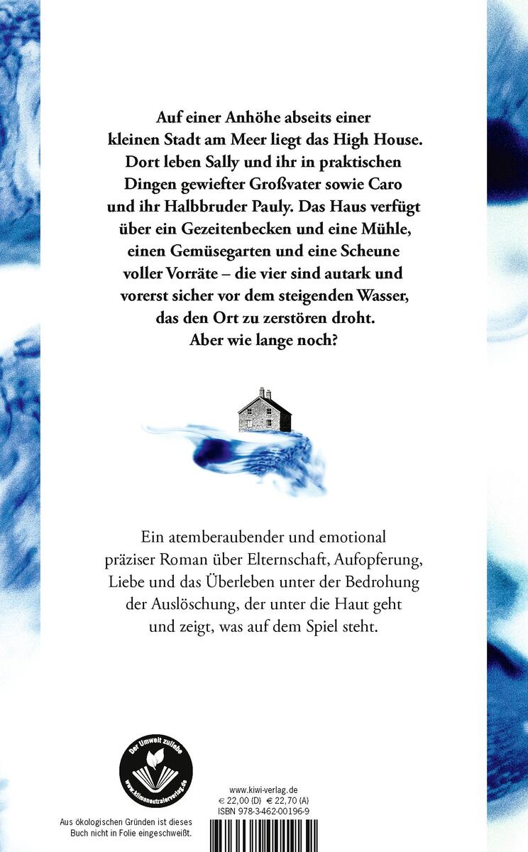Rückseite des Buches 'Greengrass, J: Und dann verschwand die Zeit' mit blau-weißen Aquarellmustern und einem Haus in einem Gezeitenbecken auf der mittleren unteren Seite. Oben ist eine Inhaltsangabe und unten Verlagsinformationen abgedruckt.