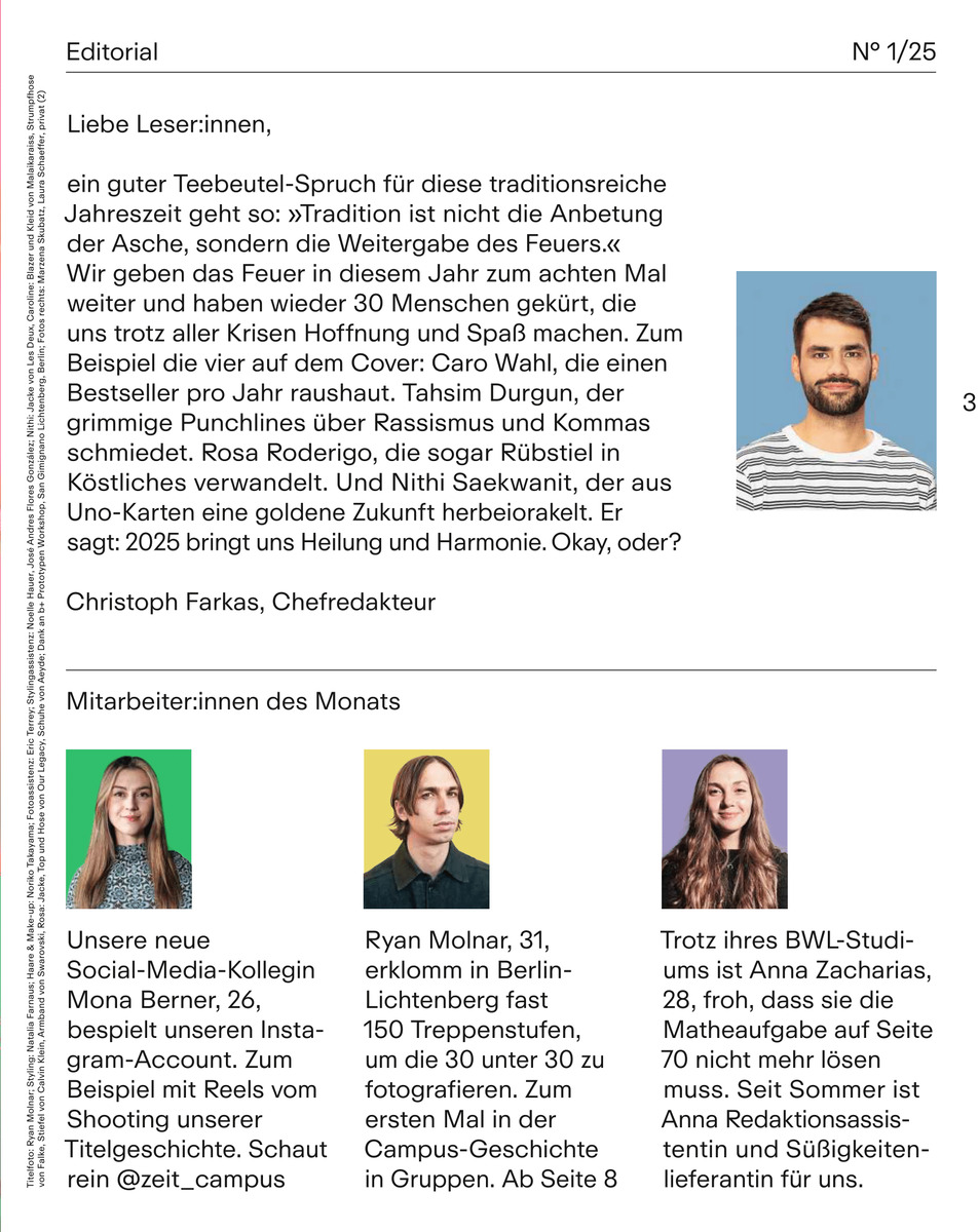 Zeitschrift ZEIT CAMPUS 1/25 mit dem Editorial von Christoph Farkas. Enthält ein Bild eines Mannes neben Texten über Themen wie Zukunft, Heilung und Harmonie, sowie Beiträgen von Mitarbeitern des Monats aus verschiedenen Fachgebieten.