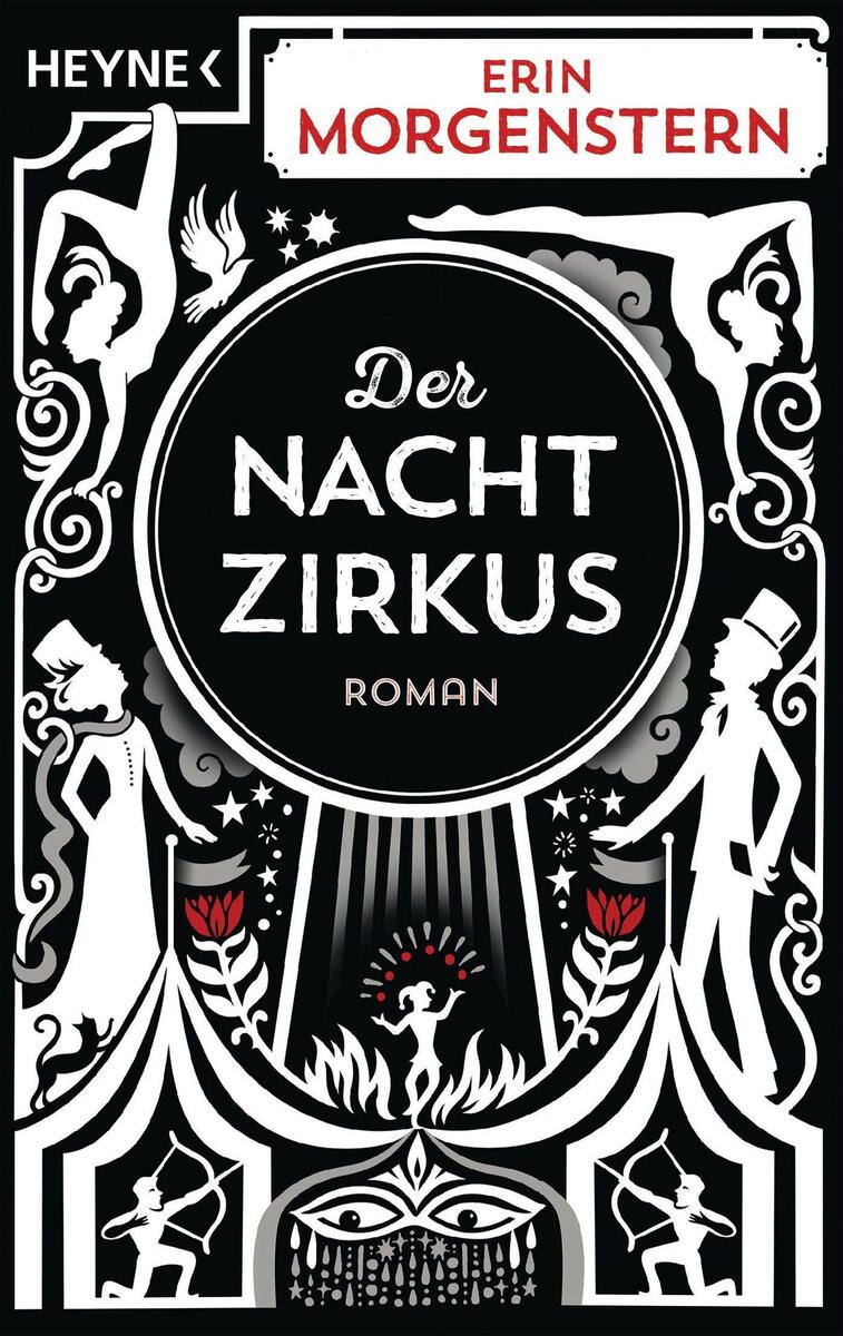 Das Cover des Buches "Der Nachtzirkus" von Erin Morgenstern zeigt ein kunstvolles schwarz-weiß Design mit Zirkuselementen, roten Akzenten und dem Titel in einem großen Kreis in der Mitte.