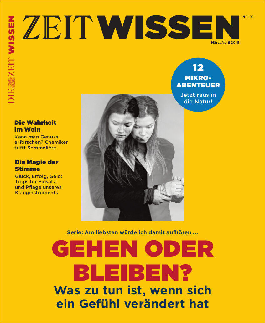 Cover des Magazins ZEIT WISSEN Ausgabe 2/18 mit dem Titel 'Gehen oder bleiben?'. Das Titelbild zeigt eine Frau, die nachdenklich und bedrückt wirkt. Der Hintergrund ist gelb mit schwarzer und lila Schrift.