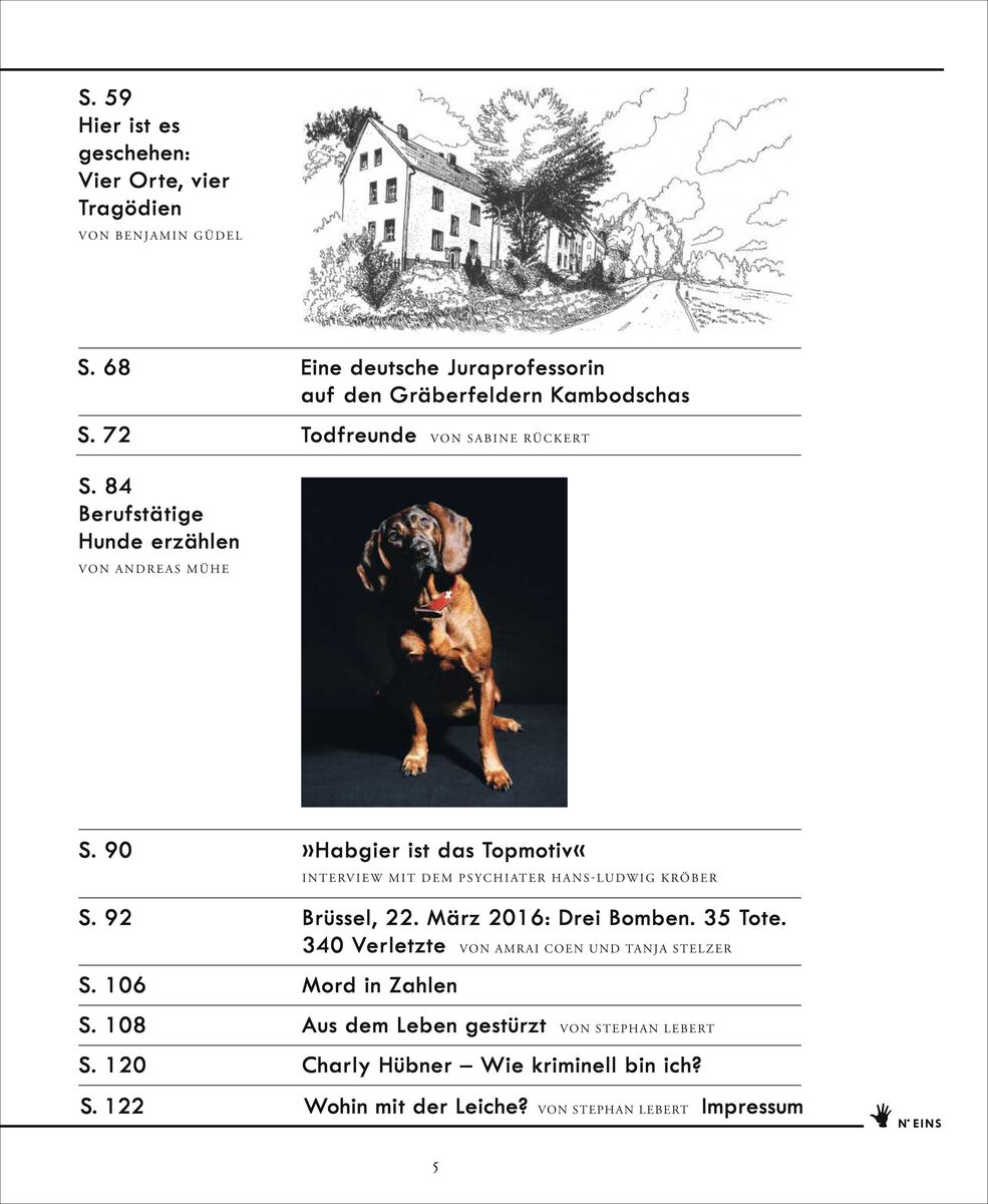 Titelseite des Magazins ZEIT VERBRECHEN mit dem Titel 'Todfreunde'. Das Cover enthält mehrere Artikelüberschriften und ein Bild eines Hundes mit einem menschlichen Arm im Maul. Es gibt auch ein großes weißes Feld mit dem Titel des Magazins und kleinen, unteren Titeln von Artikeln.
