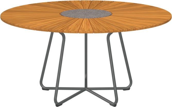 Ein runder Gartentisch namens „Circle“ mit einer Tischplatte aus Holz und einem stabilen schwarzen Metallgestell. Geeignet für den Außenbereich, wie Garten, Terrasse oder Balkon.