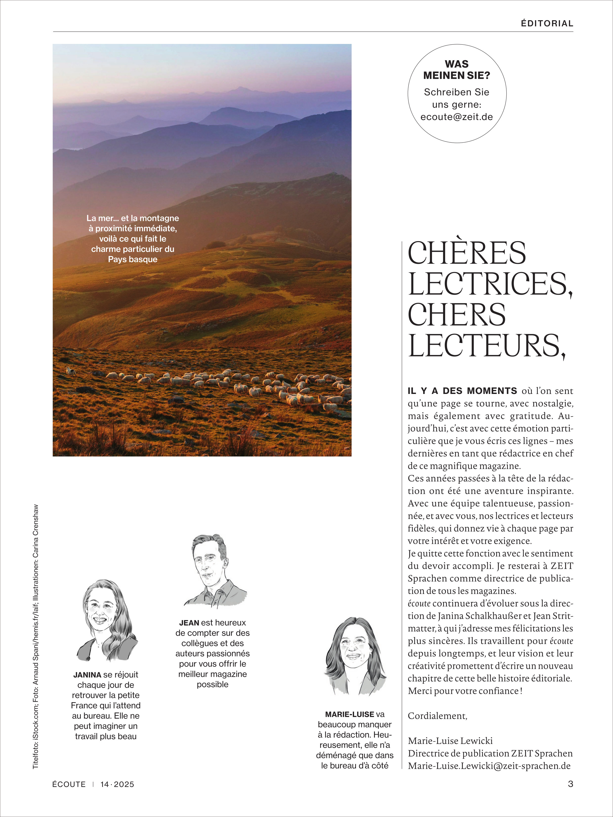 Eine Magazinseite: Links oben ein großes Foto oranger Berge und ein weißes Textfeld. Darunter Porträtzeichnungen mit kurzen Texten. Rechts ein Editorial mit Begrüßung an die Leserinnen und Leser sowie Informationen zum Magazin und Redaktion.