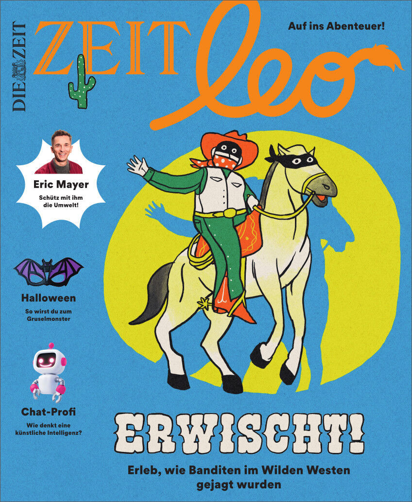 Das Cover der Ausgabe ZEIT LEO 7/23 zeigt eine Comiczeichnung eines Cowboys, der auf einem Pferd reitet. Der Cowboy trägt einen orangefarbenen Hut, ein grünes Hemd und eine rote Maske. Oben links steht der Zeitschriftstitel ZEIT LEO. Es gibt auch schriftliche Hinweise auf Halloween und Umweltbewusstsein.