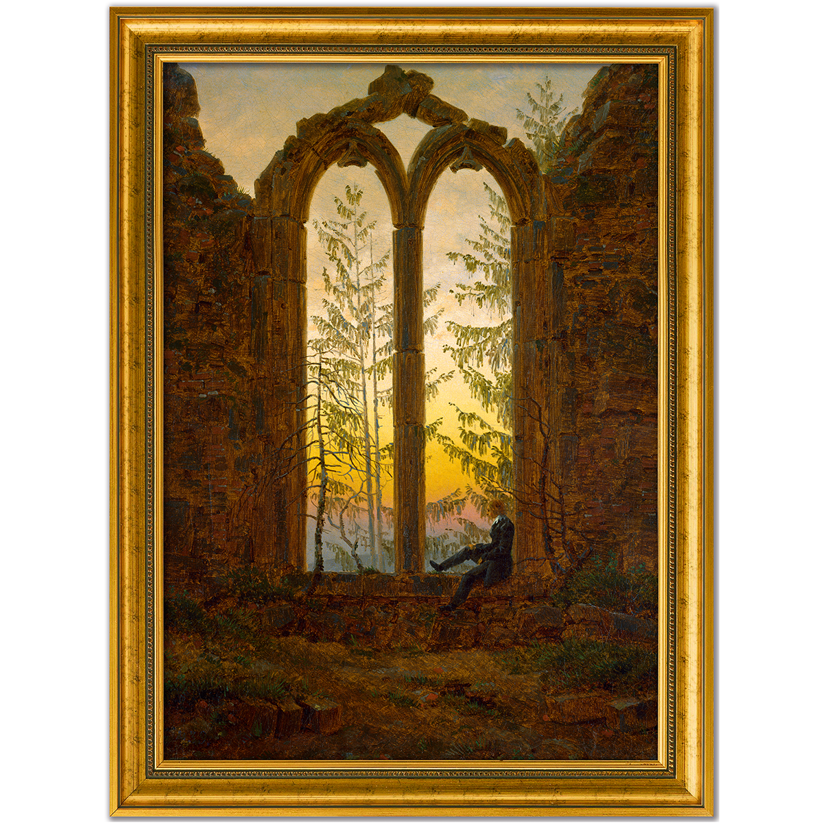Das Bild zeigt eine detailreiche Reproduktion von Caspar David Friedrichs "Der Träumer" (um 1835). Es ist in einem goldenen Holzrahmen gefasst. Ein Mann sitzt träumend in einer verwitterten, offenen Ruine mit gotischem Bogenfenster, durch das melancholisch beleuchtete Bäume und ein Sonnenuntergang zu sehen sind.
