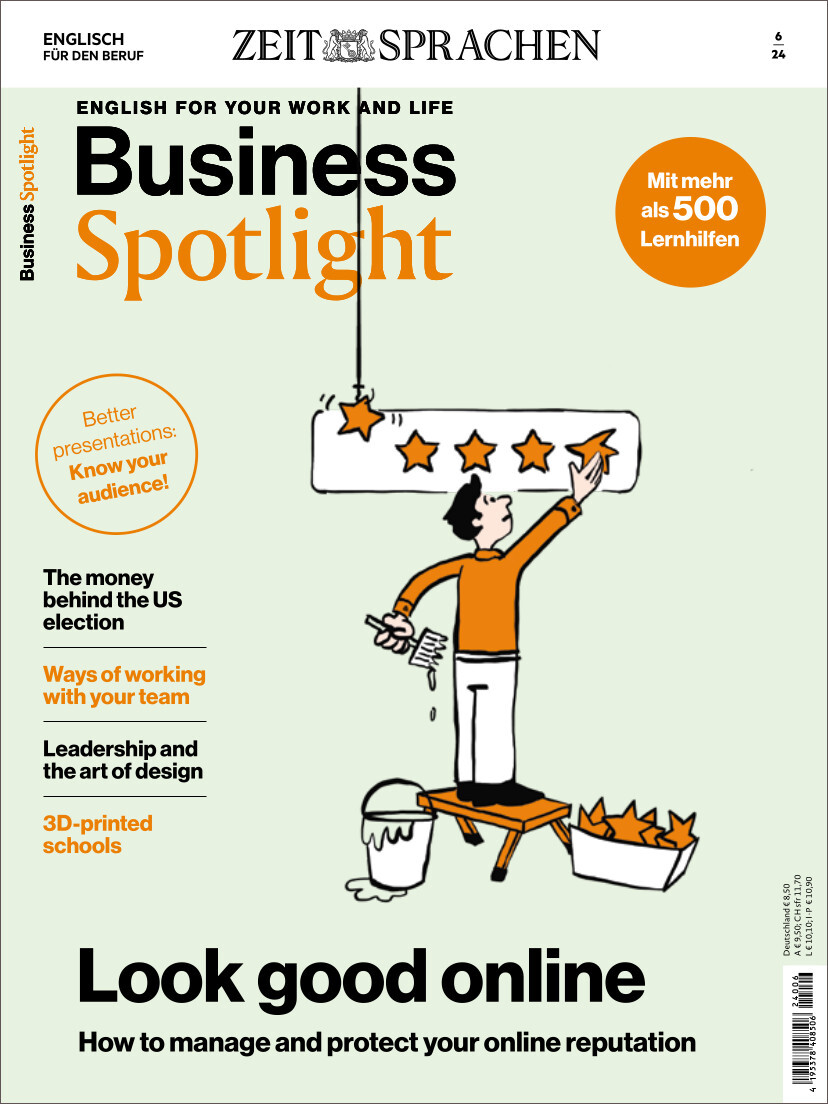 Titelblatt des Business Spotlight Magazins Ausgabe 06/2024 mit Themen wie Online-Reputation, Präsentationstipps, US-Wahlen, Führungsqualitäten, und 3D-Druck.