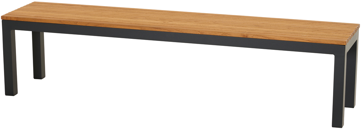 Eine schlichte, moderne Sitzbank aus Holz und einem schwarzen Metallrahmen. Die Bank ist minimalistisch gestaltet und geeignet für Innen- und Außenbereiche.