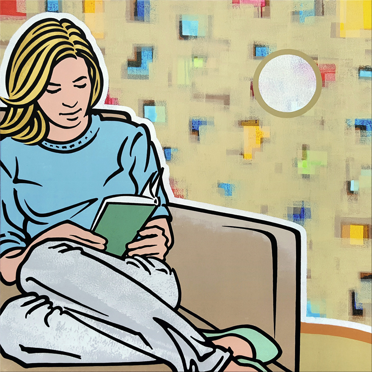 Eine Frau sitzt in einem gemütlichen Sessel und liest ein Buch. Das Bild ist ein modernes Kunstwerk von Ralf Schmidt aus dem Jahr 2021, das farbenfrohe und abstrakte Elemente im Hintergrund zeigt. Die Szene strahlt Entspannung und Ruhe aus.