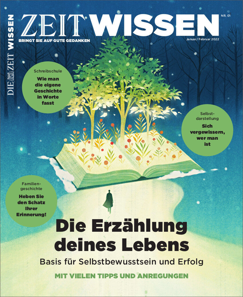 Das Cover des Magazins 'ZEIT WISSEN 1/22 Die Erzählung deines Lebens' zeigt eine Illustration eines aufgeschlagenen Buches, aus dem ein Baum wächst. Der Hintergrund ist überwiegend blau mit Schneeflocken und weißen Sternen. Der Titeltext ist in grüner und schwarzer Schrift gehalten.