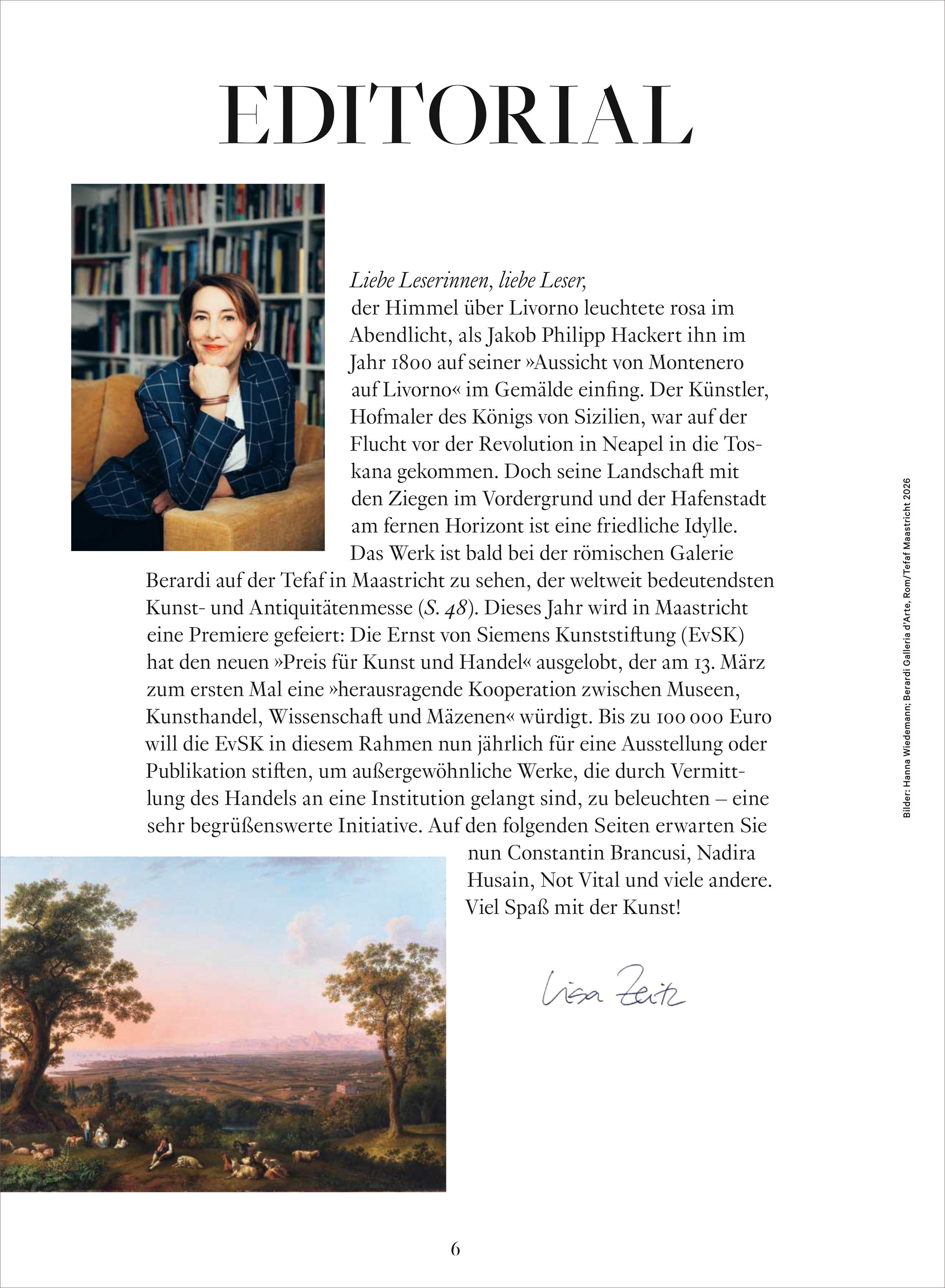 Detailreiche Magazinseite mit Editorial: Oben links ein Porträtfoto einer Frau am Schreibtisch mit Bücherwand, rechts redaktioneller Einführungstext mit dem Titel "Editorial" und einer handschriftlichen Signatur. Unten ist ein stimmungsvolles Gemälde einer rosafarben beleuchteten Landschaft mit Bäumen und Himmel zu sehen.