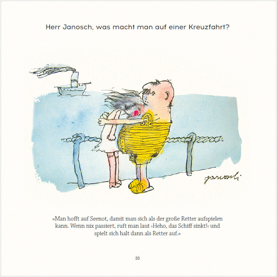 Illustration von Janosch mit der Überschrift 'Herr Janosch, was macht man auf einer Kreuzfahrt?' Darunter ein Bild zweier Menschen, die sich am Meer umarmen, mit einem Schiff im Hintergrund.