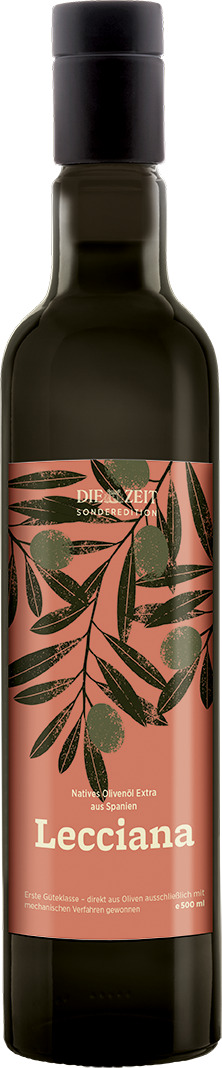 Dunkle Olivenölflasche mit Drehverschluss, roséfarbenem Etikett und grünem Olivenzweigmotiv. Aufschrift: "Lecciana" und Hinweis auf die ZEIT-Sonderedition von ArteFakt. Stilvoll und modern gestaltet, ideal als Geschenk oder für Genießer von hochwertigem Olivenöl.