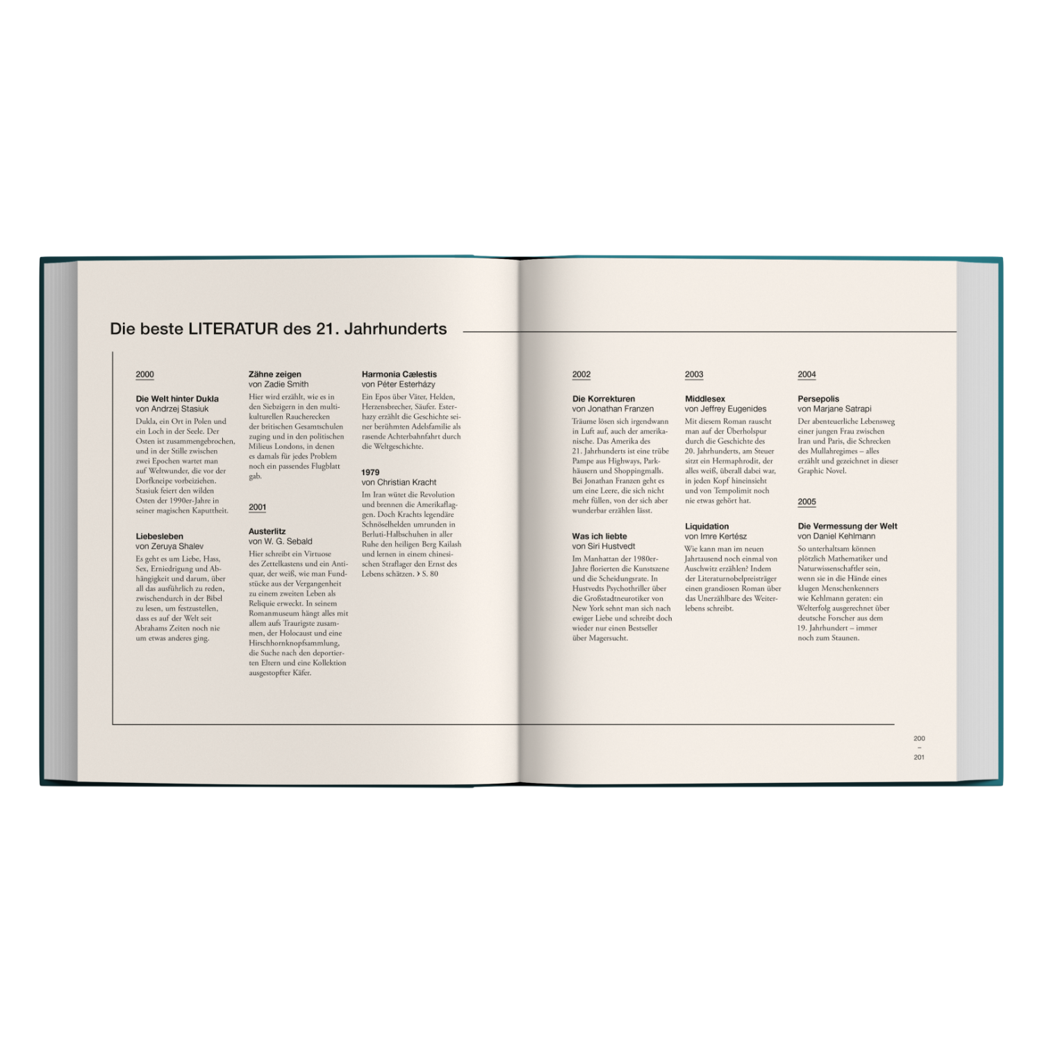 Aufgeschlagenes Buch der ZEIT-Edition »Die besten Einfälle des 21. Jahrhunderts«, zu sehen sind übersichtlich gestaltete Seiten mit Sortierung literarischer Werke nach Jahren und kurzen Beschreibungen, sachliche Gestaltung in dezenten Farben.