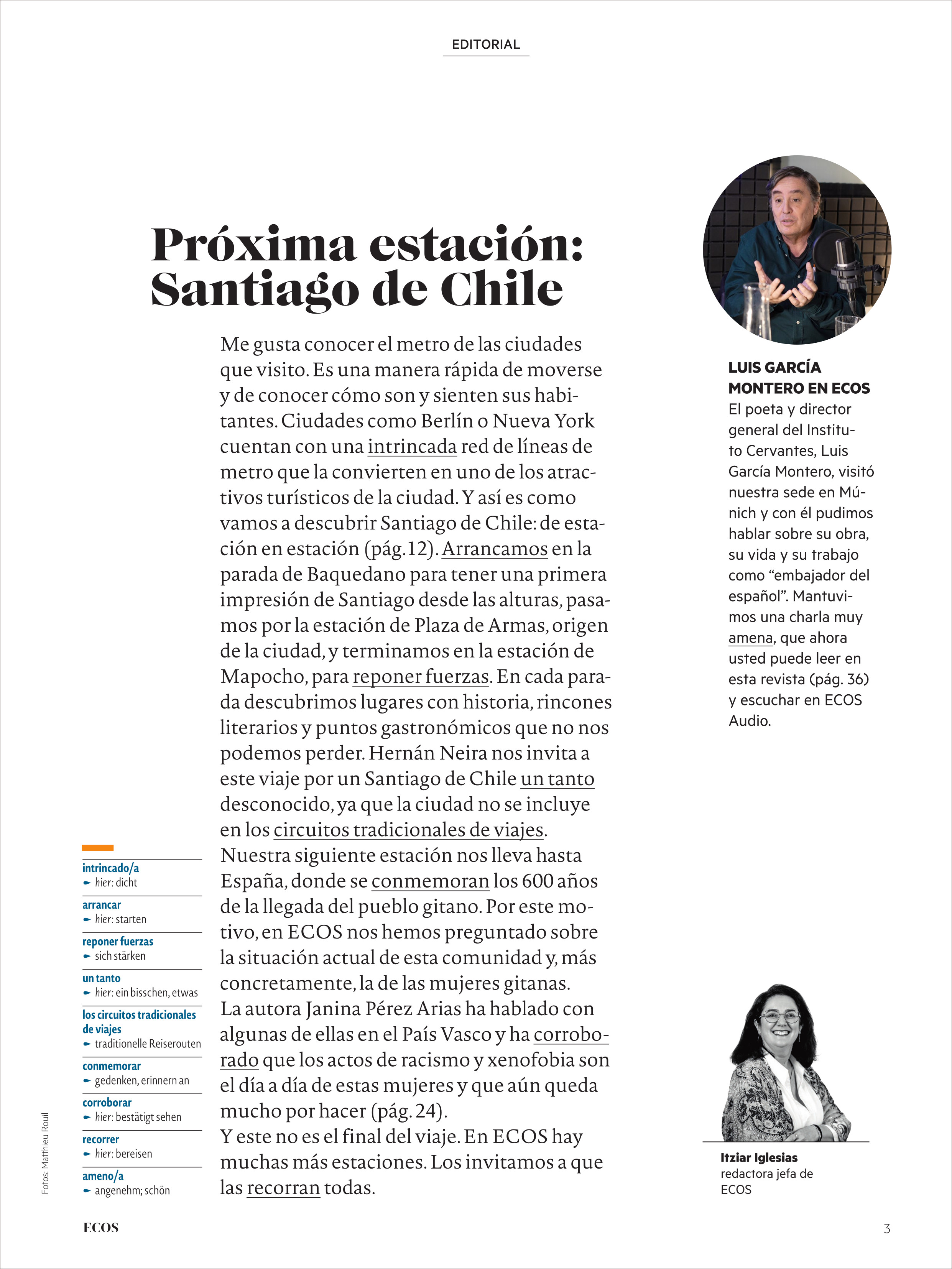Titelseite eines Magazins mit dem Titel 'Próxima estación: Santiago de Chile', redaktionellem Text zur U-Bahn von Santiago und Porträtfotos von zwei Mitarbeitenden. Die Seite ist schlicht gestaltet, mit verschiedenen Schriftarten, orangenen sowie blauen Hervorhebungen, und dient der Vorstellung der aktuellen Ausgabe des Ecos Magazins.