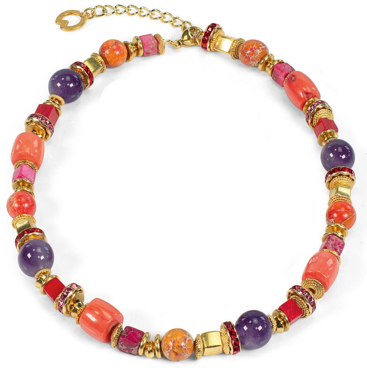Eine elegante, handgefertigte Halskette von Petra Waszak aus dem Schmuckset Tamika. Die Kette ist aus verschiedenen farbigen Perlen in Gold, Rot, Lila, Orange und Rosa gestaltet und eignet sich als modisches Accessoire für besondere Anlässe.