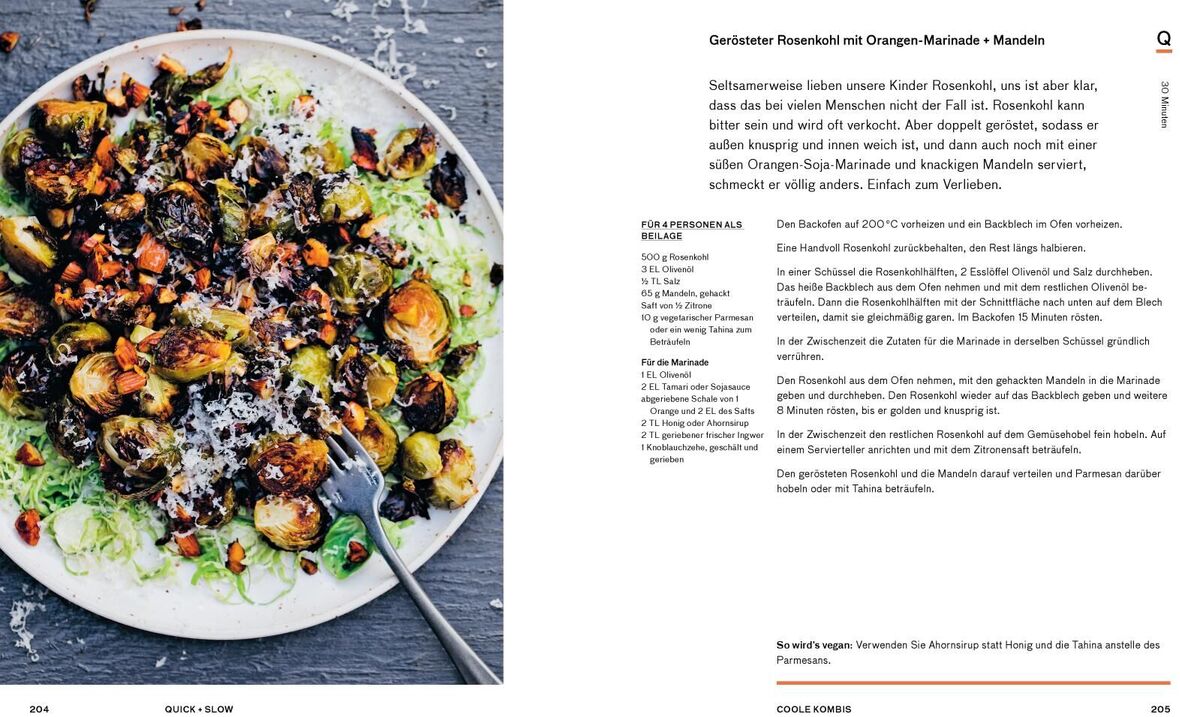 Eine aufgeschlagene Buchseite des Produkts 'Die grüne Küche - Quick + Slow' zeigt ein Rezept für gerösteten Rosenkohl mit Dragnessauce und Mandarinen. Neben dem zubereiteten Gericht sind die Zutaten und die Zubereitungsschritte zu sehen.