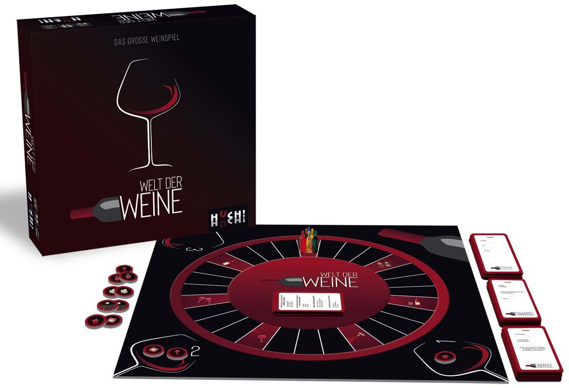 Das Bild zeigt das Brettspiel 'Welt der Weine' mit einer Spielbox, einem runden Spielbrett mit roten und schwarzen Elementen, Karten und Spielmarken, ideal für Weinliebhaber.