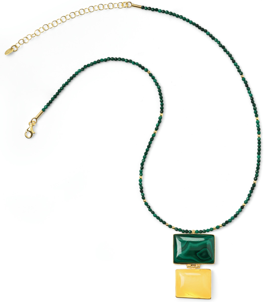Eine elegante Halskette namens 'Waldgold' mit einer goldenen Kette, grünen und gelben Edelsteinen, die stilvolles Design und Luxus ausstrahlt.