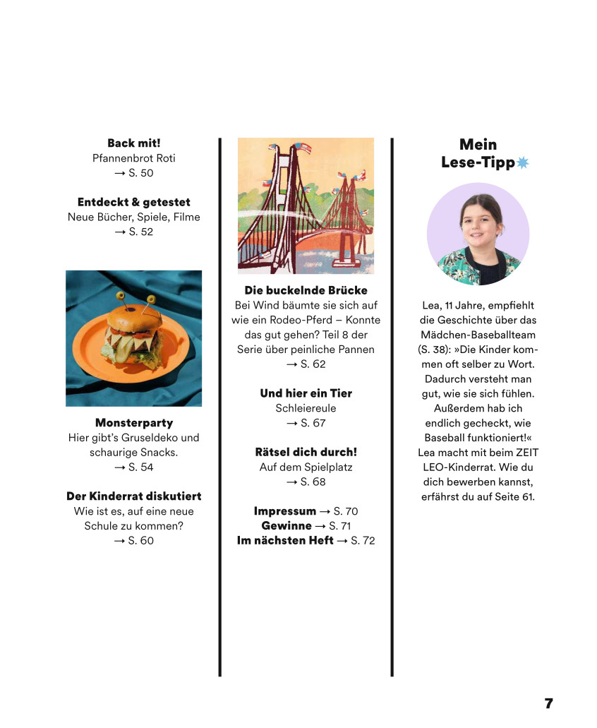 Eine Magazinseite der Ausgabe ZEIT LEO 5/25 zeigt verschiedene Rubriken für Kinder, darunter Backrezepte, Buch- und Spieletipps, Rätsel und einen Lese-Tipp mit einem Porträtfoto eines Kindes. Die Seite ist farbenfroh gestaltet mit Textblöcken, Illustrationen und Fotos, die zum Lesen und Ausprobieren anregen.