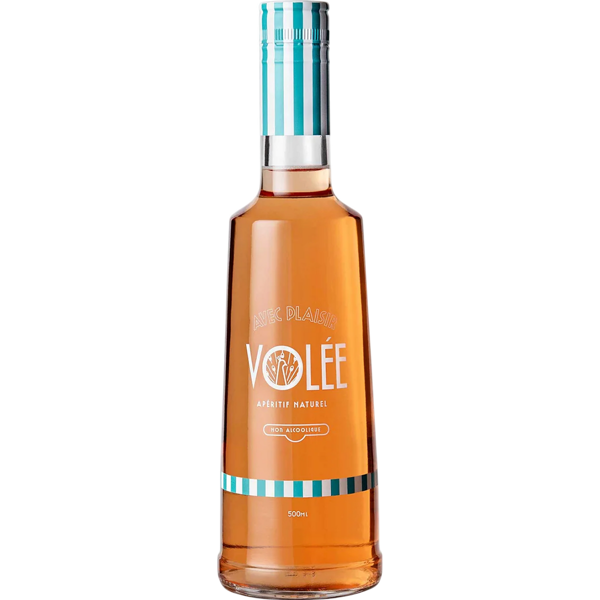 Das Bild zeigt eine 500-ml-Flasche des alkoholfreien Aperitifs 'Volée Avec Plaisir', der zum 'Berlin Spritz Bundle' gehört. Die Flasche hat ein modernes, klares Design mit kupferfarbenem Inhalt und türkis-weißen Akzenten am Etikett sowie am Flaschenhals. Die Beschriftung ist klar lesbar, das Produkt wirkt hochwertig und erfrischend.