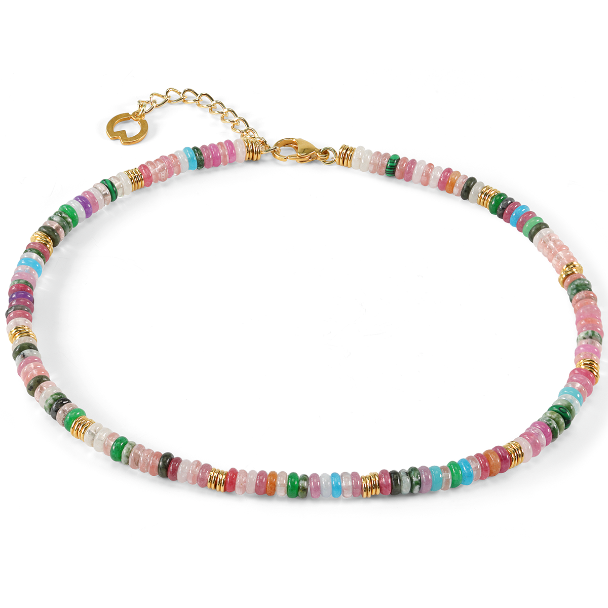 Das Bild zeigt das Collier »Thyra« von Petra Waszak für Ars mundi. Die Halskette ist 40–47 cm lang und besteht aus zahlreichen bunten Edelsteinperlen (u.a. Jade, Malachit, Rosenquarz, Jaspis) sowie feinen 24-karätig vergoldeten Messingzwischenstücken.