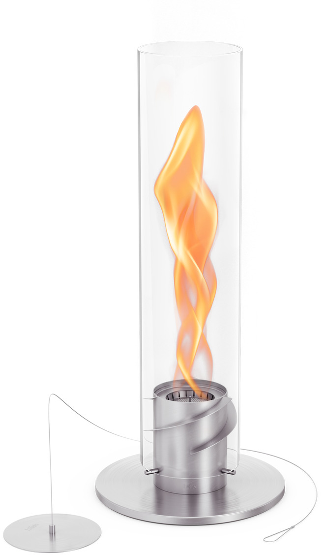 Das Tischfeuer »SPIN 900« besteht aus einer schlanken Edelstahlbasis und einer hohen Glasröhre mit einer spiralförmigen Flamme in der Mitte. Es erzeugt ein stimmungsvolles und elegantes Ambiente.