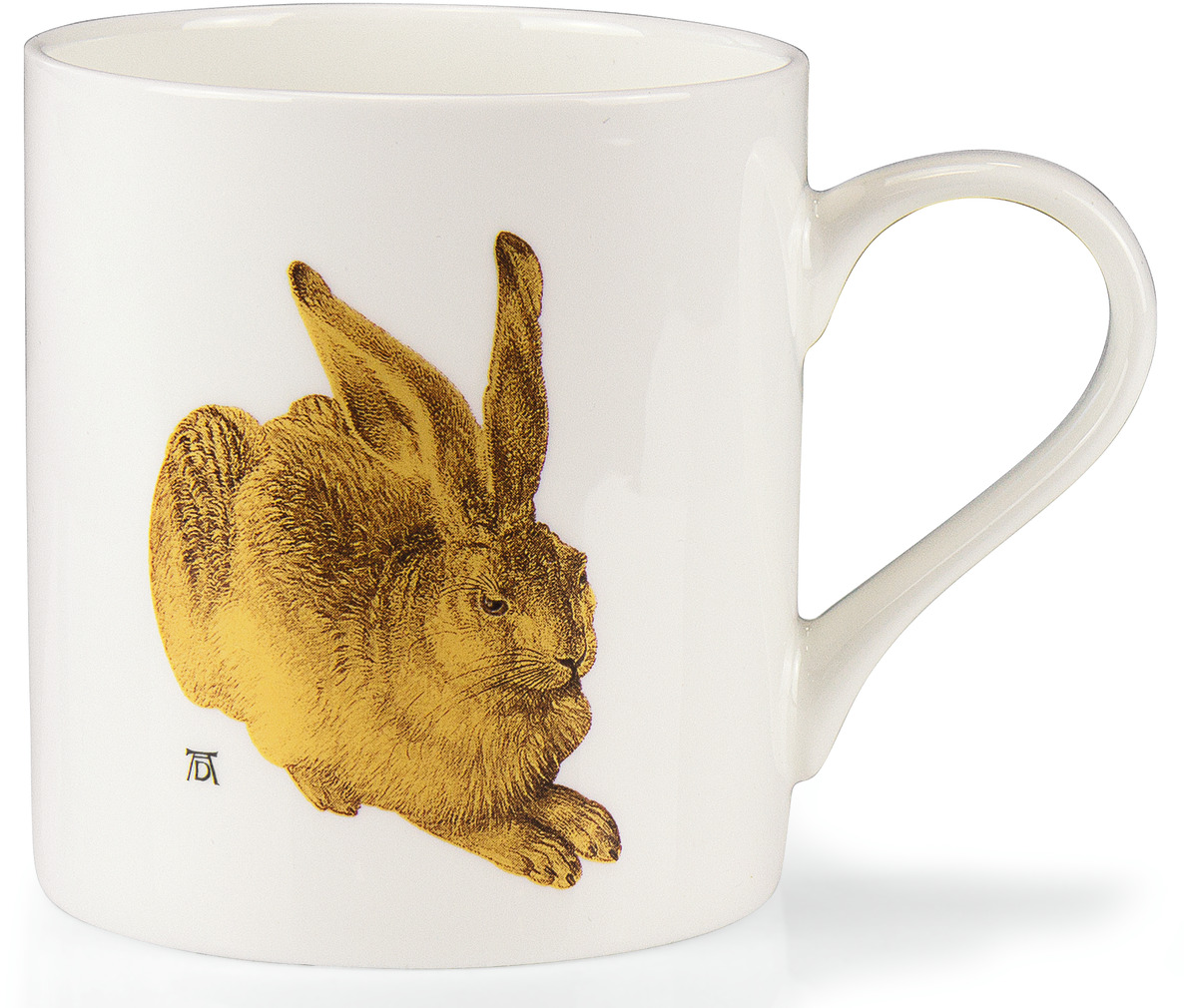 Ein Porzellanbecher mit einem detaillierten Bild eines Feldhasen, basierend auf einem Kunstwerk von Albrecht Dürer. Der Becher hat einen Henkel und eine glänzende Oberfläche.