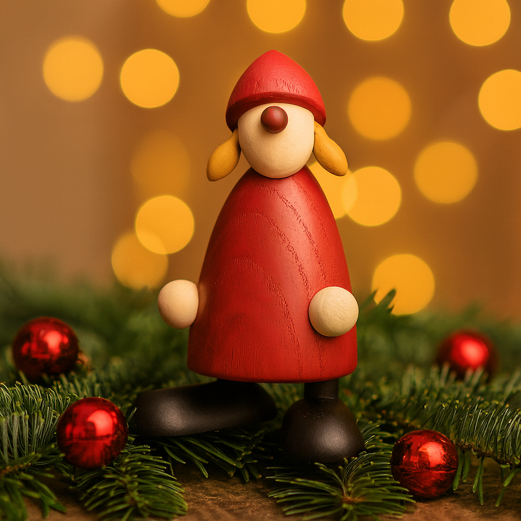 Holzfigur einer Weihnachtsfrau mit rotem Kleid und Mütze steht auf Tannenzweigen, dekoriert mit roten Weihnachtskugeln, im Hintergrund leuchten unscharfe, goldene Lichter.